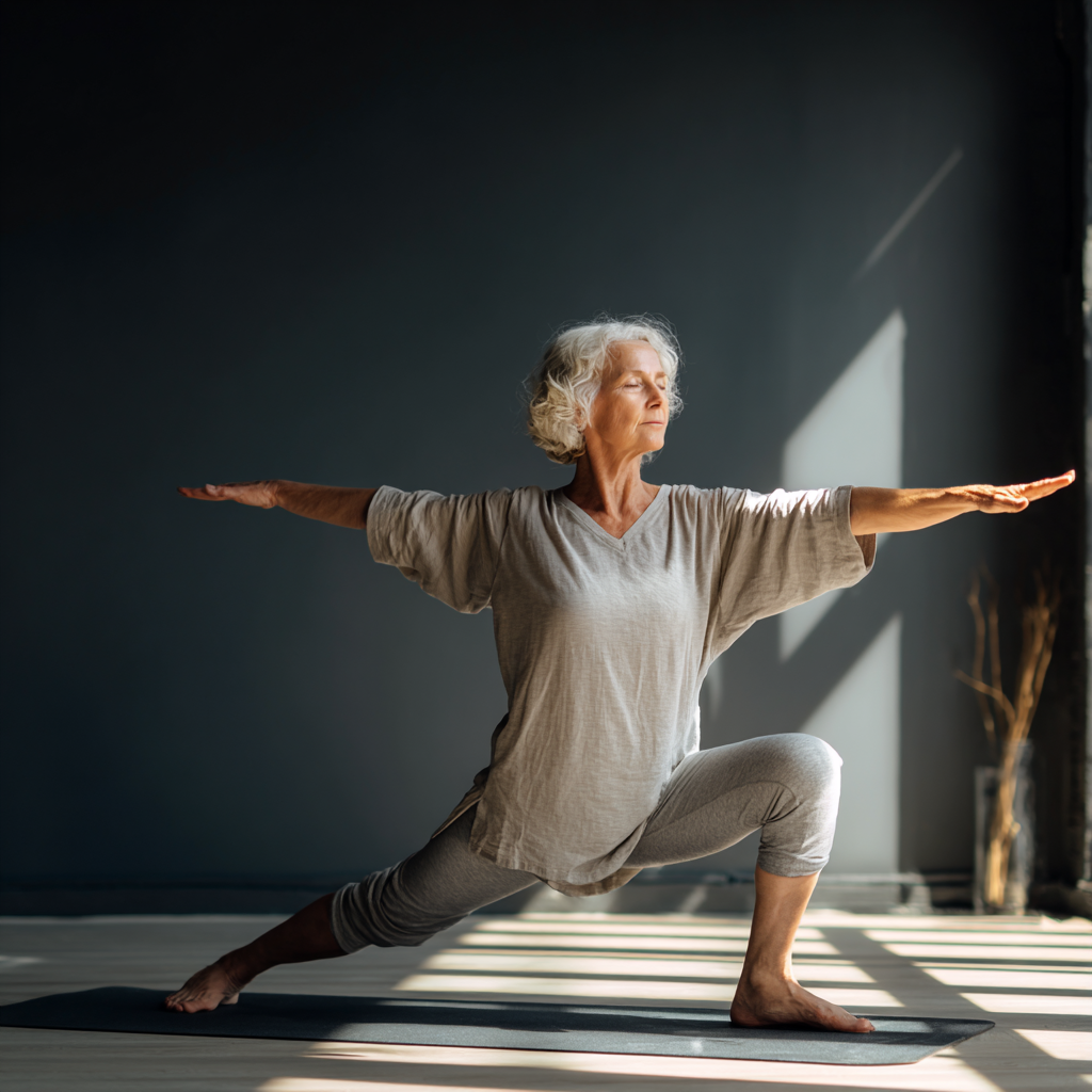 Peaceful yoga session with mature Ukrainian adults practicing gentle movements in a bright, natural setting